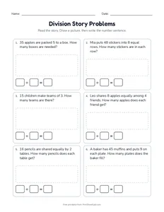 Division Story Problems printable worksheet for grade 3