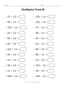 Dividing by 11 and 12 printable worksheet for grades 3 and 4