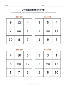 Division Bingo to 144 printable worksheet for grades 3 and 4