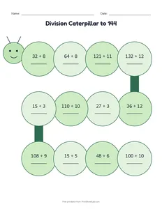 Division Caterpillar to 144 printable worksheet for grades 3 and 4