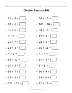 Division Facts to 144 printable worksheet for grades 3 and 4