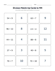 Division Match-Up Cards to 144 printable worksheet for grades 3 and 4
