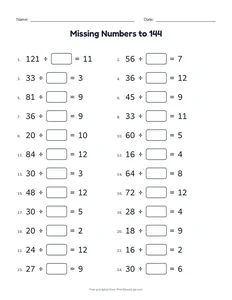 Missing Numbers to 144 printable worksheet for grades 3 and 4