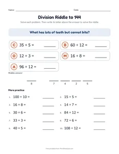 Division Riddle to 144 printable worksheet for grades 3 and 4