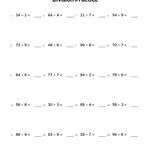 Division worksheet with two-digit by one-digit problems