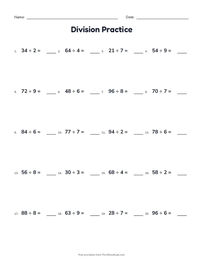 Division worksheets printable: 20 horizontal two-digit by one-digit division problems with answer lines