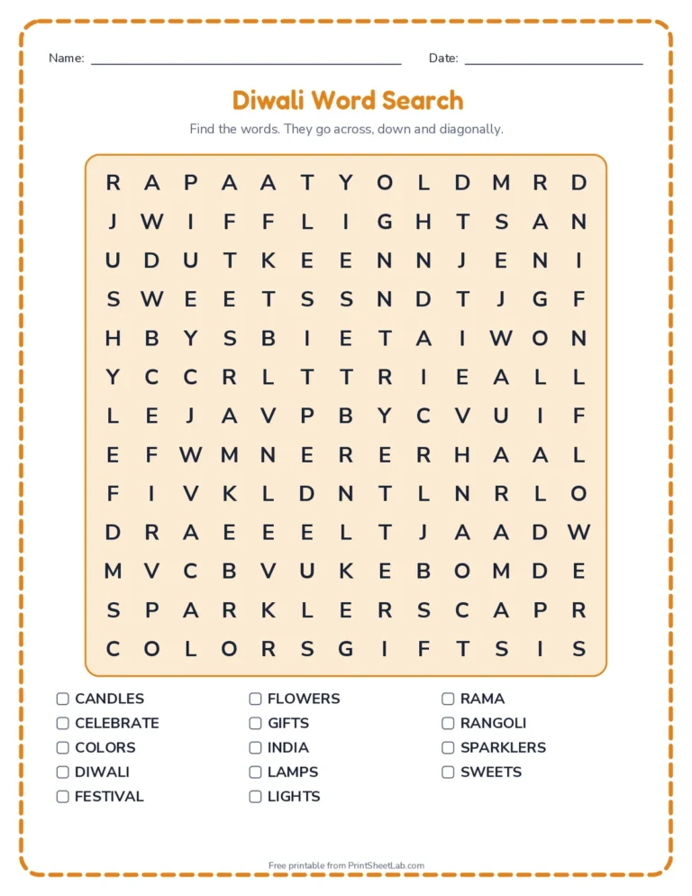 Diwali worksheets for kids: word search, word scramble, bingo, acrostic poem, writing prompt and greeting card