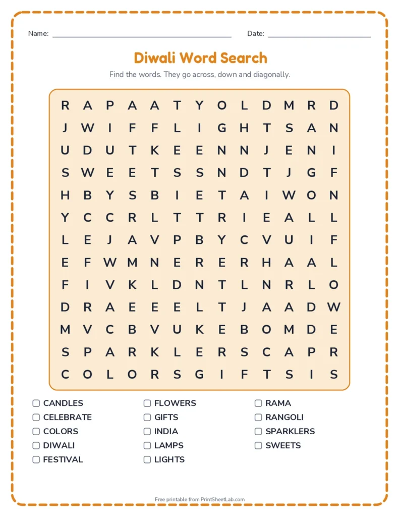Holiday worksheets: Diwali word search from the holiday activity pack generator