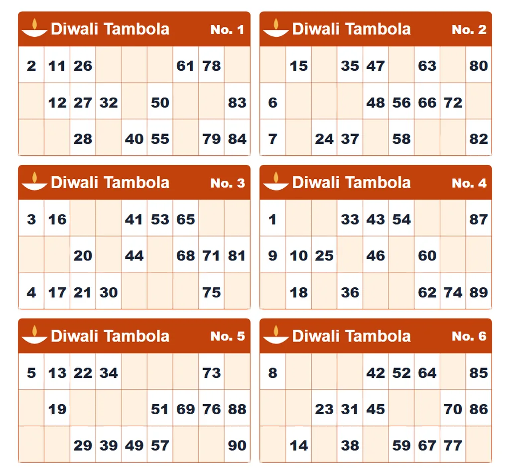 Printable tickets for Diwali tambola, one of the most popular Diwali party games for families