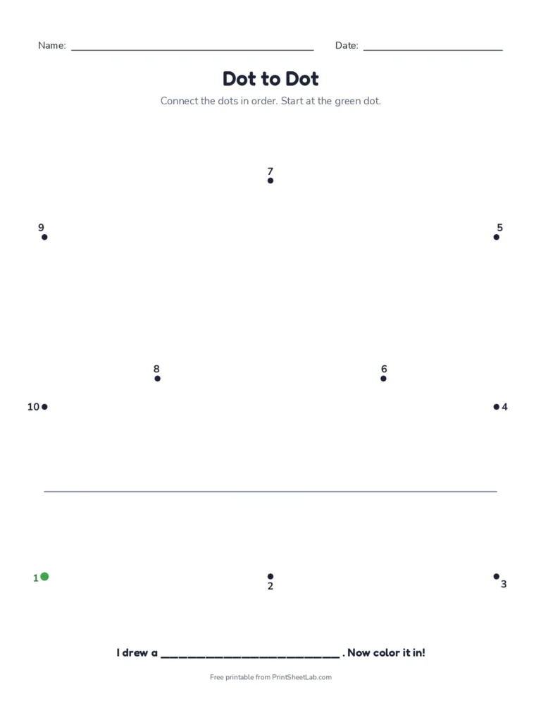 Easy dot to dot worksheet with 10 numbered dots making a mystery picture