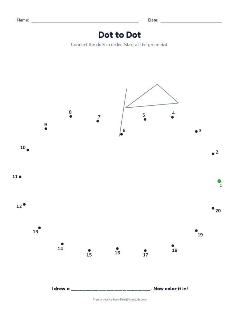 Dot to dot printable counting from 1 to 20 to reveal a hidden picture