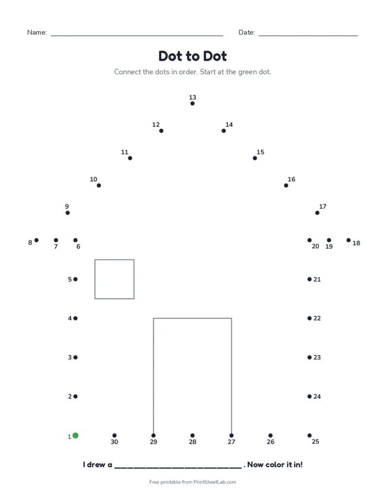Connect the dots worksheet from 1 to 30 with a mystery picture to color