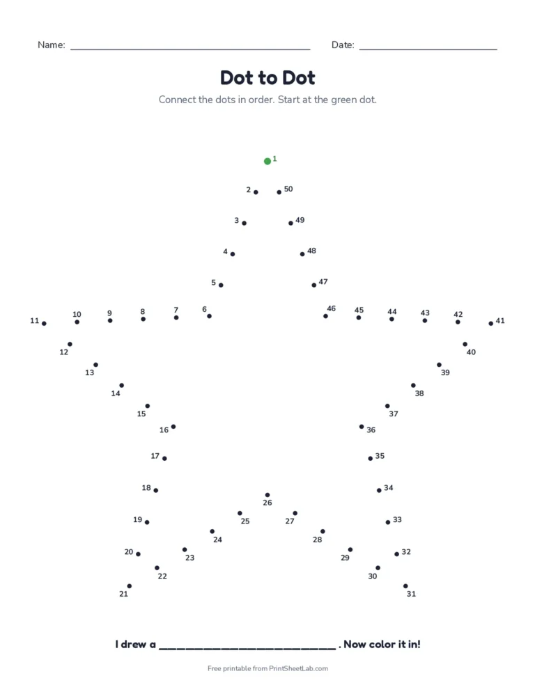 Dot to dot printable with 50 numbered dots for first and second grade