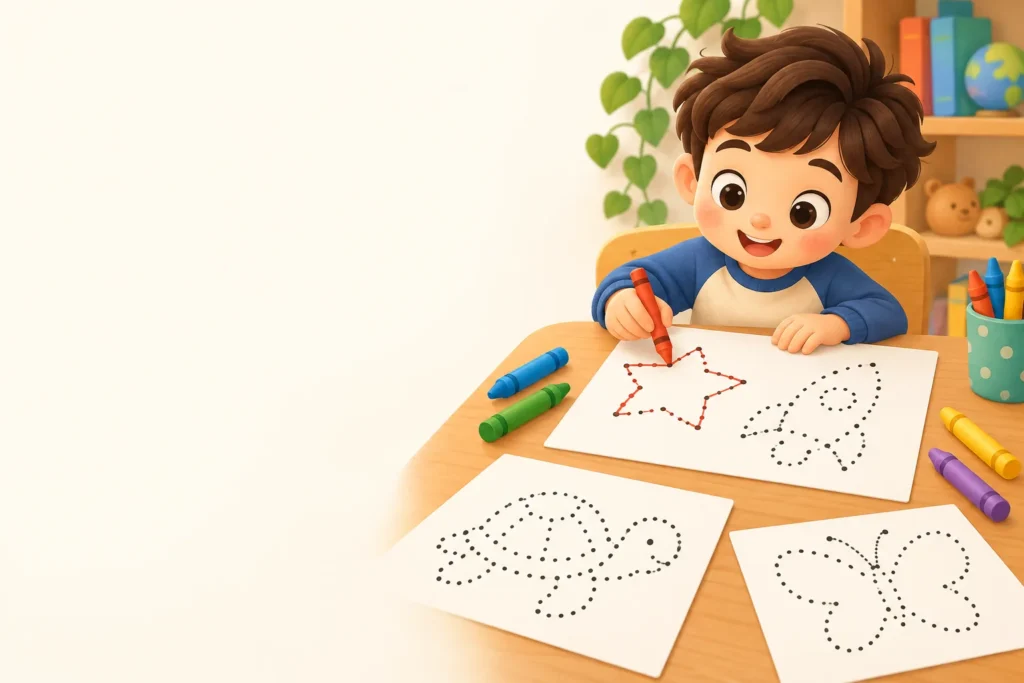 Child connecting the dots with a crayon to reveal a star, with dot to dot sheets of a rocket, turtle and butterfly