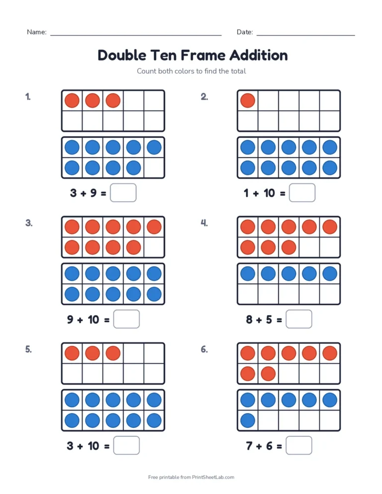 Double ten frame addition worksheet with sums from 11 to 20 and answer key