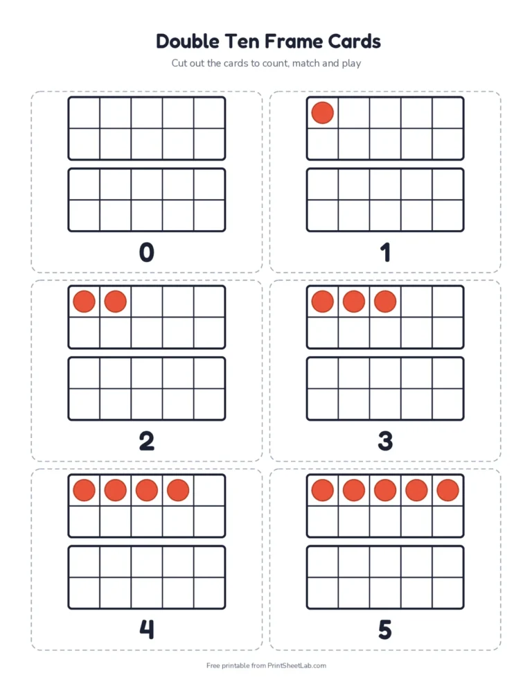 Double ten frame cards from 0 to 20 showing teen numbers as ten and some ones