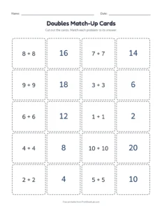 Doubles Match-Up Cards printable worksheet for grades 1 and 2