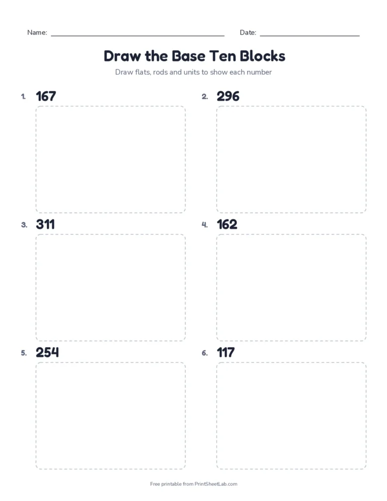 Worksheet: draw flats, rods and units to show each number, with an answer key of block pictures