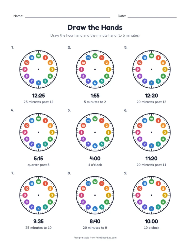 Draw the clock hands sheet with times to 5 minutes written in numbers and words, with answers