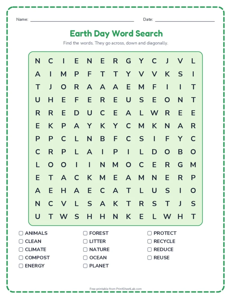 Earth Day worksheets for kids: word search, word scramble, bingo, writing prompt and card