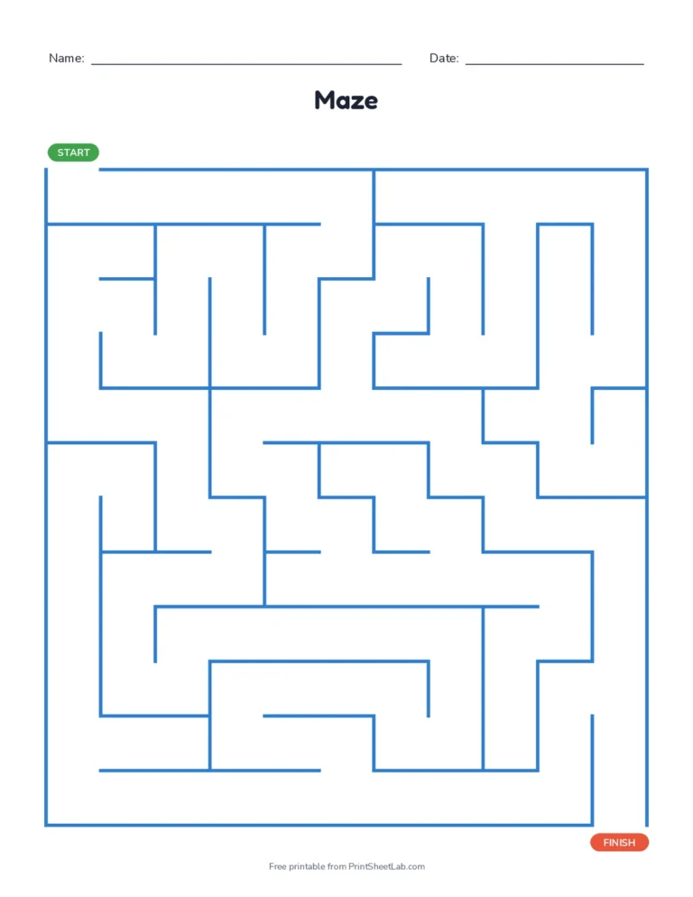 Four easy printable mazes for kids with wide paths and a start and finish, plus answer key