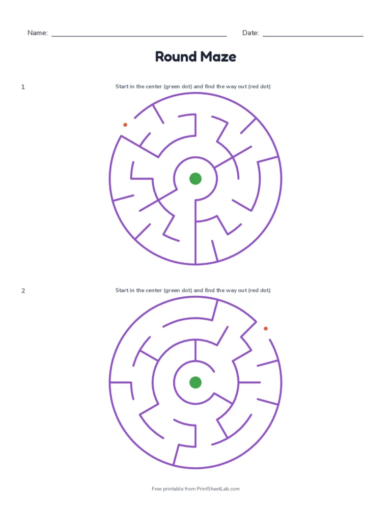 Four easy round mazes, two per page, with answer key