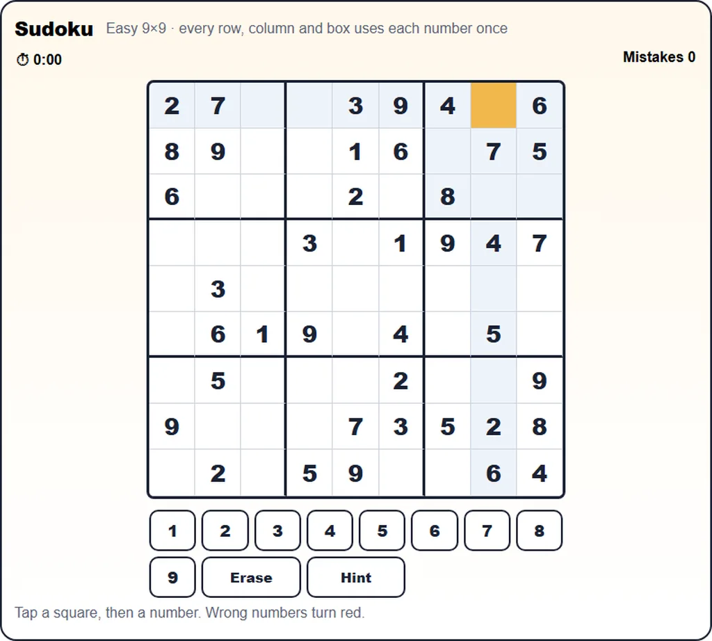 Easy 9x9 sudoku game on screen for learning how to solve sudoku with rows, columns and boxes