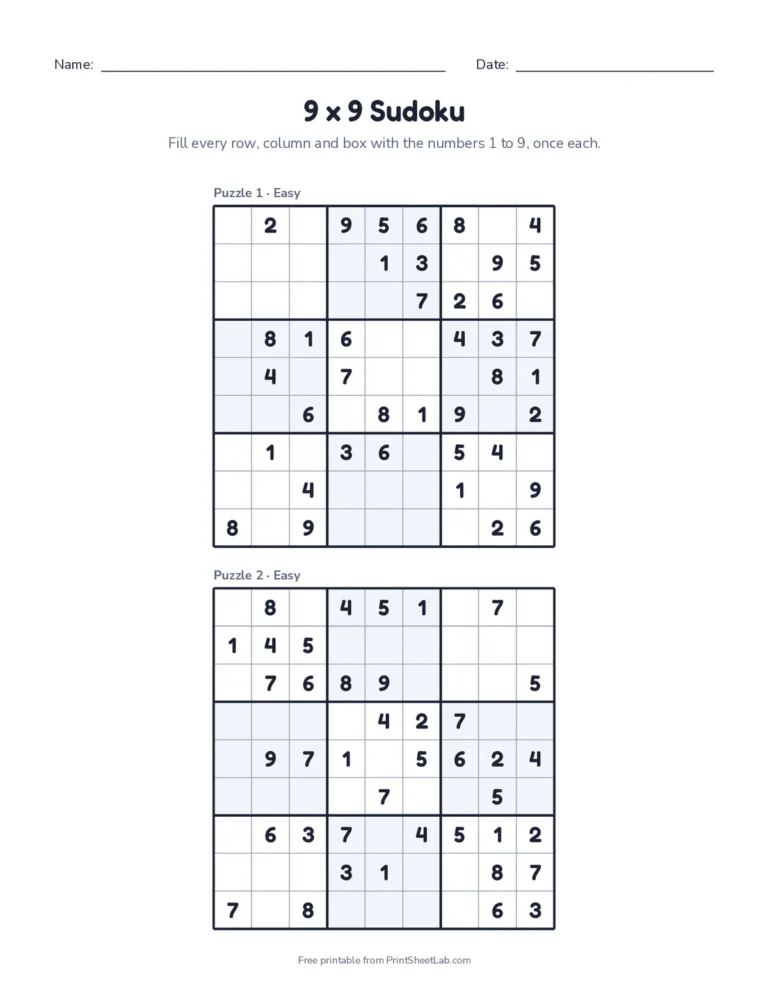 Six easy 9x9 sudoku puzzles with 40 clues each and answer keys