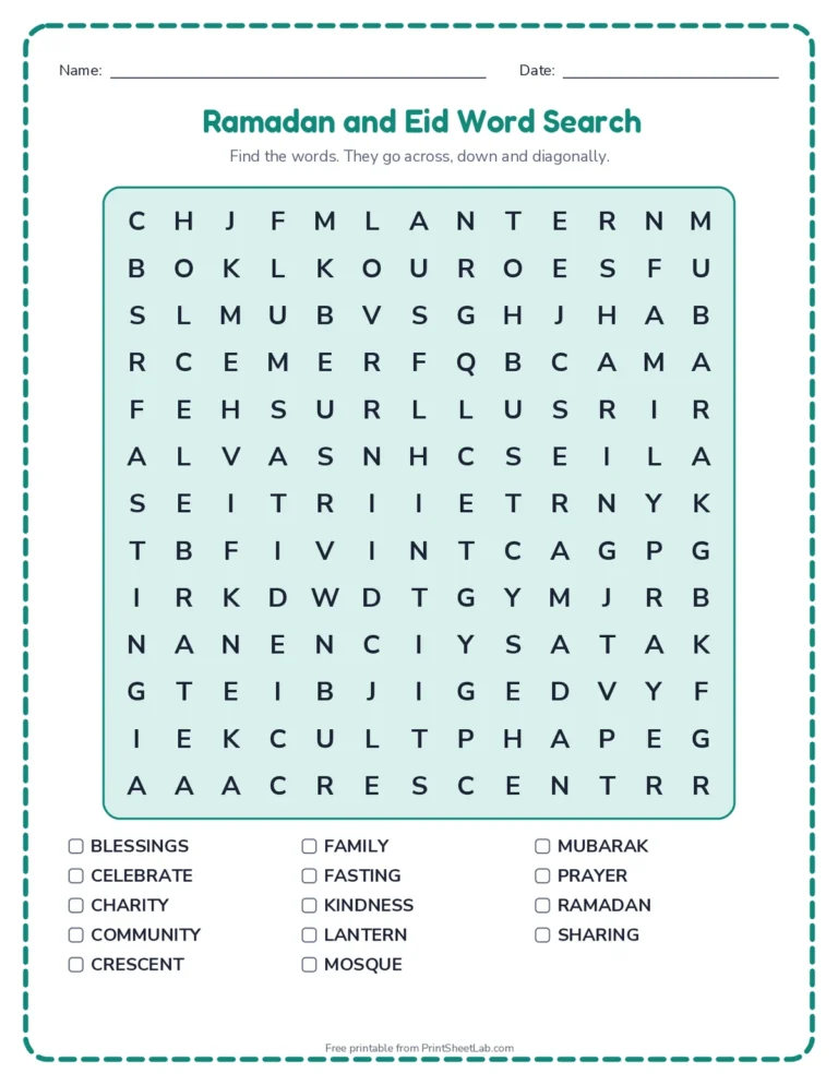 Ramadan and Eid activities for kids: word search, word scramble, bingo, writing prompt and Eid Mubarak card