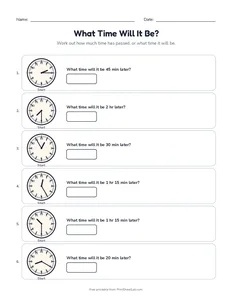 What Time Will It Be? printable worksheet for grades 3 and 4