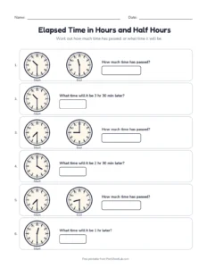 Elapsed Time in Hours and Half Hours printable worksheet for grades 3 and 4