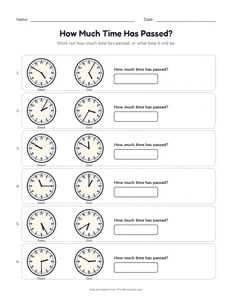 How Much Time Has Passed? printable worksheet for grades 3 and 4