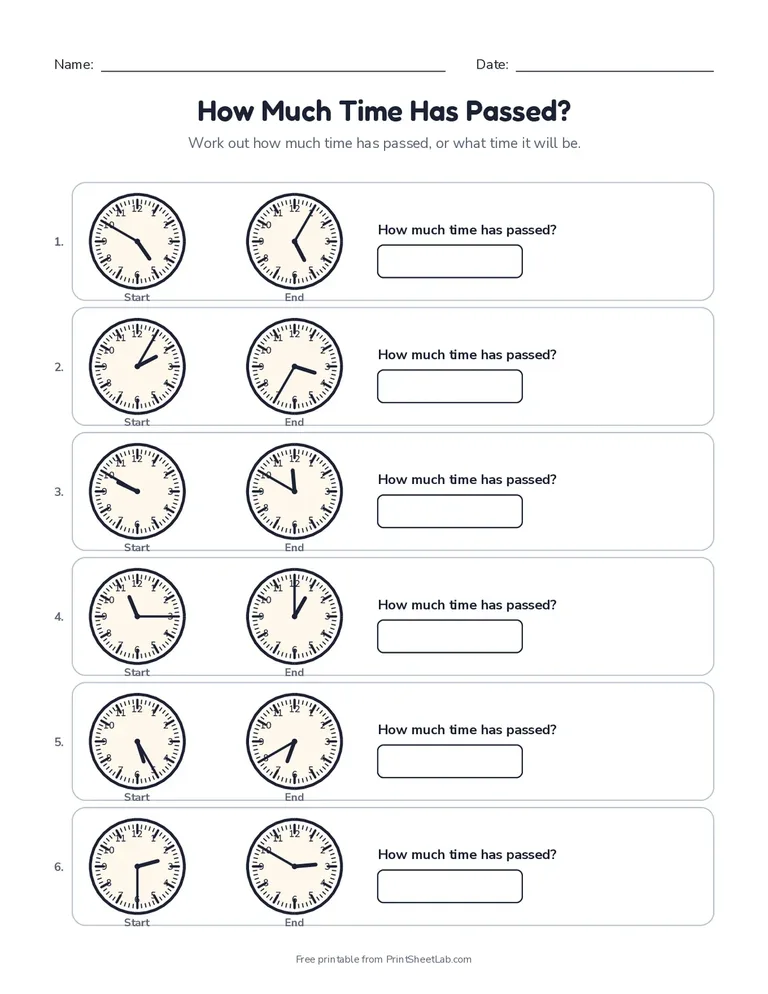 How Much Time Has Passed? printable worksheet for grades 3 and 4