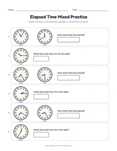 Elapsed Time Mixed Practice printable worksheet for grades 3 and 4