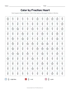 Color by Fraction: Heart printable worksheet for grades 3 and 4