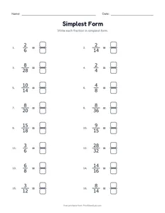 Simplest Form printable worksheet for grades 3 and 4