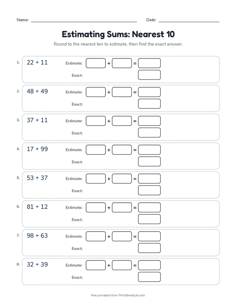 Estimating Sums: Nearest 10 printable worksheet for grades 3 and 4