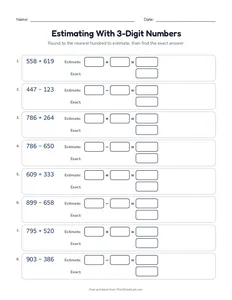 Estimating With 3-Digit Numbers printable worksheet for grades 3 and 4