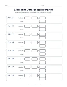 Estimating Differences: Nearest 10 printable worksheet for grades 3 and 4