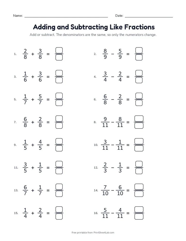 Adding fractions with unlike denominators worksheet