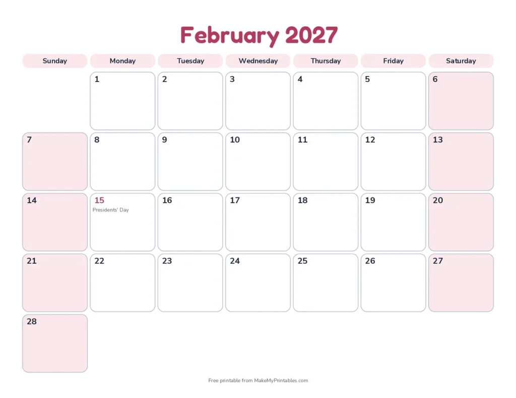 February 2027 calendar printable in the playful design with a rose color theme with Presidents' Day marked