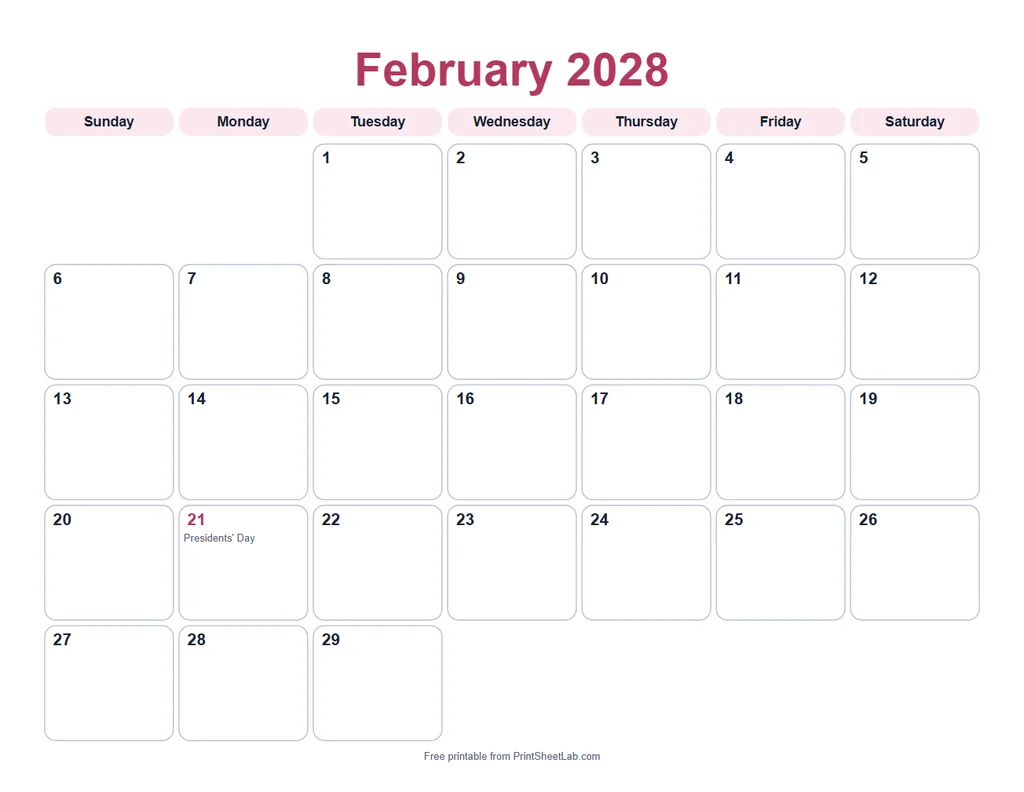 February 2028 calendar printable in the playful design with a rose color theme