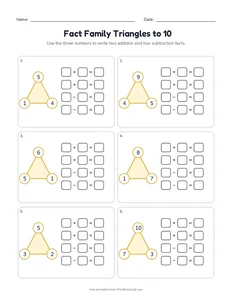 Fact Family Triangles to 10 printable worksheet for grades 1 and 2