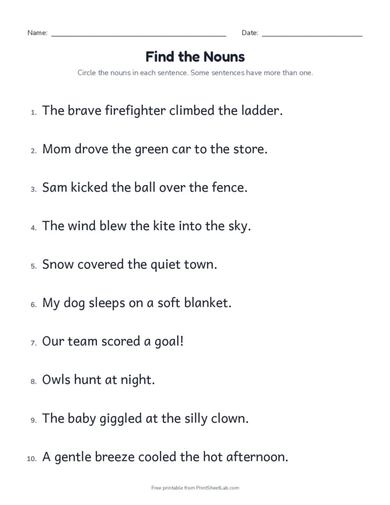 Find the nouns worksheet: circle the nouns in 10 sentences, with answer key