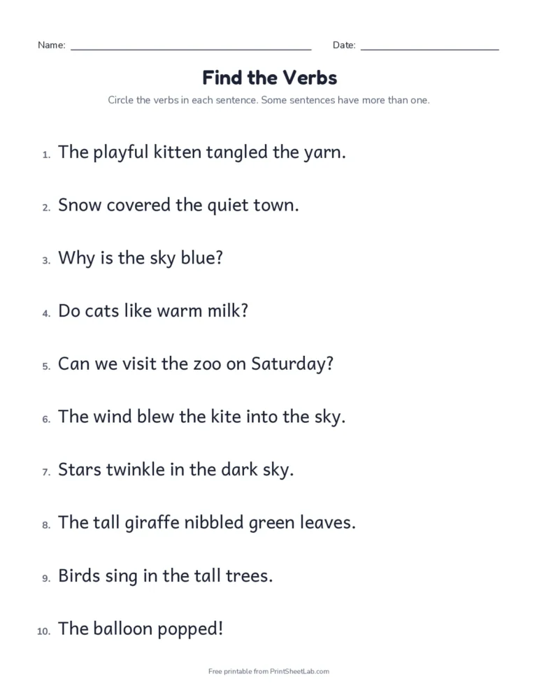 Find the verbs worksheet: circle the verbs in each sentence, with answer key