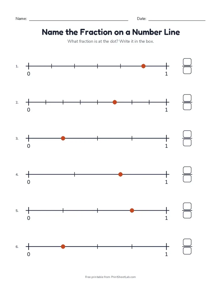 Name the Fraction on a Number Line printable worksheet for grade 3