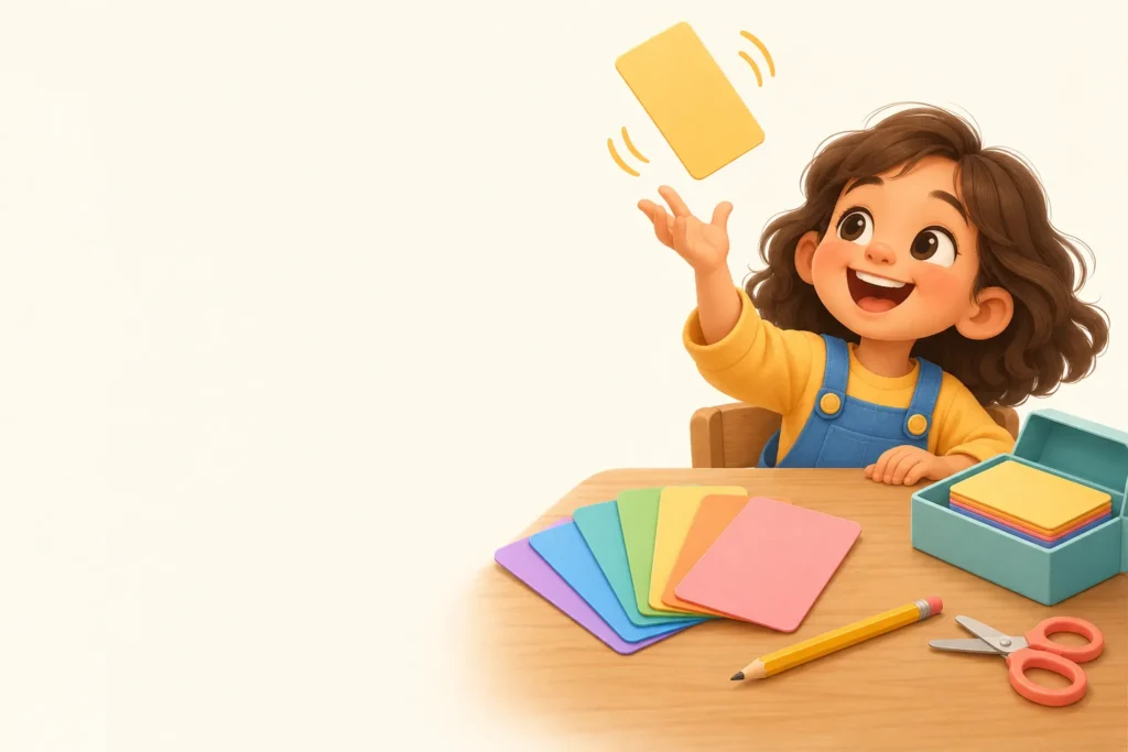 Happy child tossing a flash card beside a fan of colorful blank cards