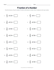 Fraction of a Number printable worksheet for grades 3 to 5