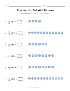 Fraction of a Set With Pictures printable worksheet for grades 3 to 5