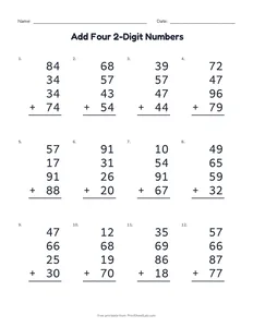 Add Four 2-Digit Numbers printable worksheet for grades 1 to 3